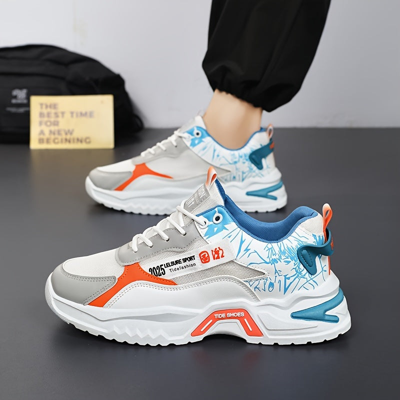 Men's Stylish Platform Sneakers with Wave Pattern - Comfortable, Non-Slip & Durable for Outdoor, Campus Walks & Travel | Lace-Up, Breathable Design, for Autumn, Spring