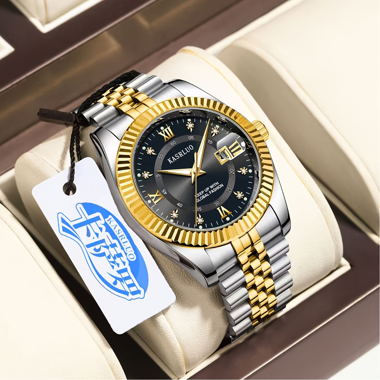 KASRLUO Elegant Men's Quartz Watch - Luminous Date Display, Golden-Tone Stainless Steel Band, Business Style with Rhinestone Detailing, Battery Operated