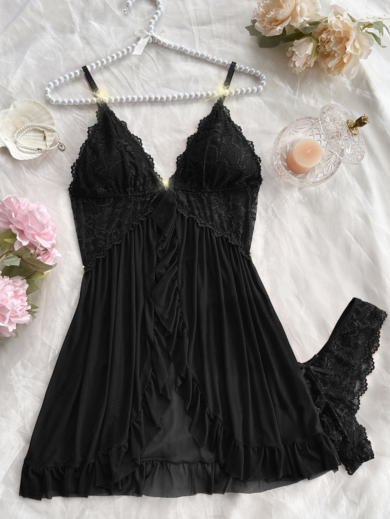 Sexy and Romantic Sleepwear Set, Solid Color Lace Camisole with Matching Panties, V-Neck Design Accentuating Elegant Neckline, Delicate Lace Pattern for Softness. Flared Hem and Ruffled Front Add Graceful Charm, Perfect for a