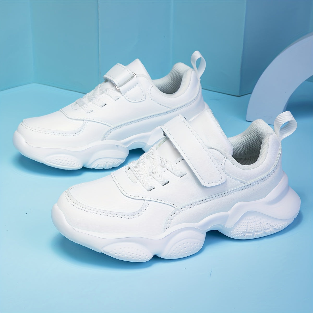 Youngsters' White Chunky Sneakers - Adjustable Hook-and-loop Fastener Strap, Easy Slip-On, Non-Slip EVA Sole, Comfortable Lining, Versatile for School and Sports, All-Season Wear, School Sneakers|Trendy Chunky Sneakers|Durabl