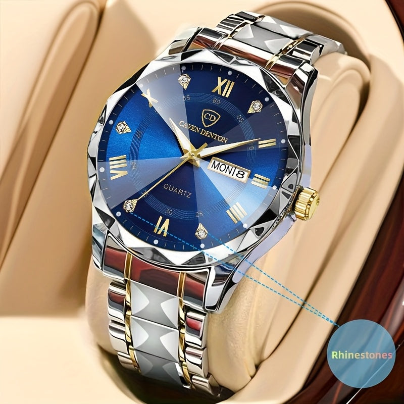 Men'S Quartz Business Watch with Rhinestone-Embellished Luminous Dial, Stainless Steel Strap & Case, Date & Day Display, IPX7 Water-Resistant - Ideal for Travel, Work, Outdoor - Perfect Gift for Birthdays, Holidays, Anniversa