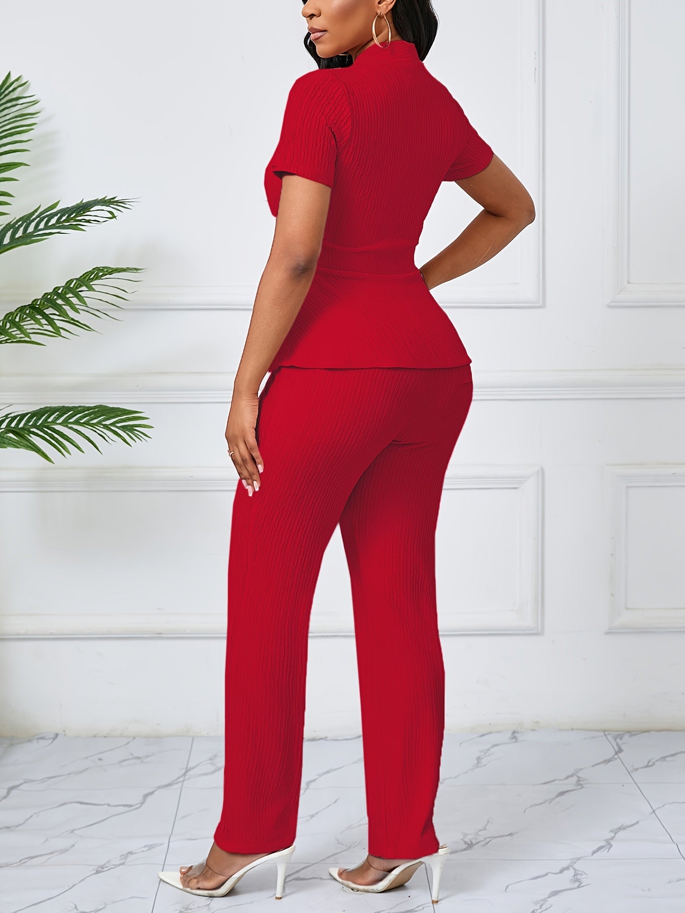 Women's Elegant Casual Solid Color Textured Pants Set