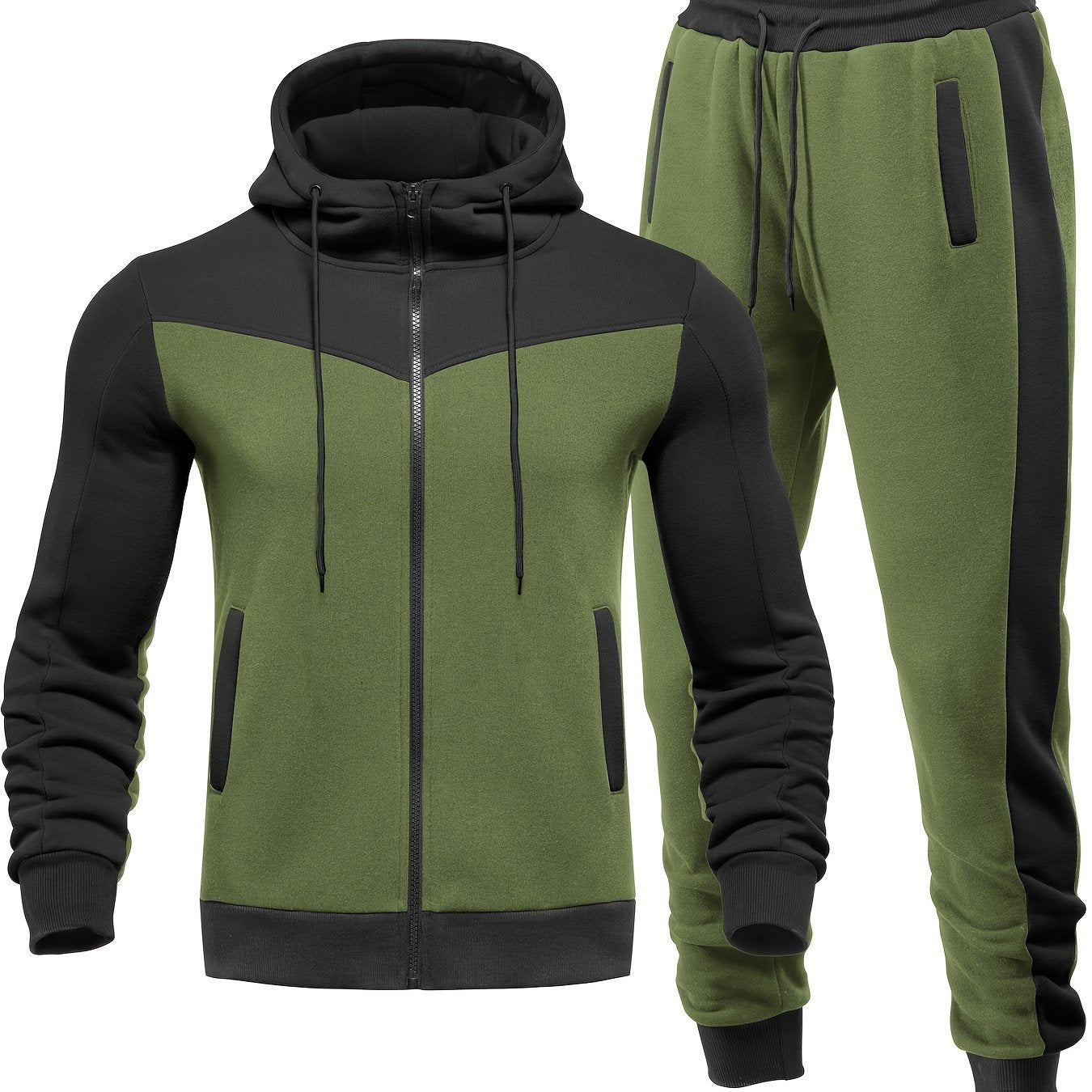 Men'S Casual Hoodie Set for Autumn And Winter, Featuring a Hooded Sweatshirt And a Sporty Cardigan in a Patchwork Design.