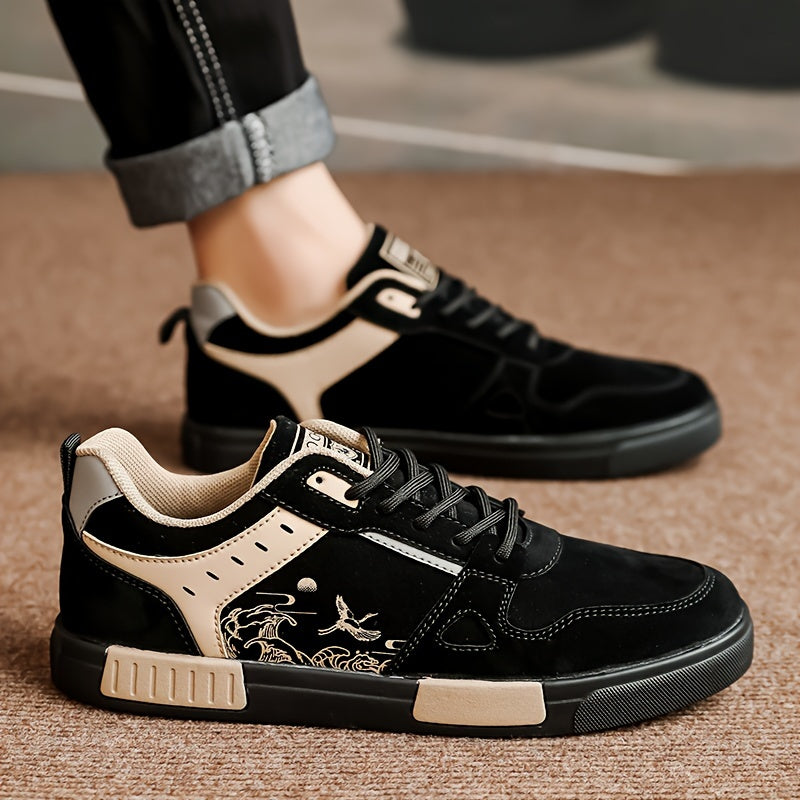 Men's Spring Collection Black and Beige Casual Sneakers - Anti-Slip, Odor-Resistant, Thick Rubber Sole for Height Boost, Lace-Up Sports Shoes with Fish Design