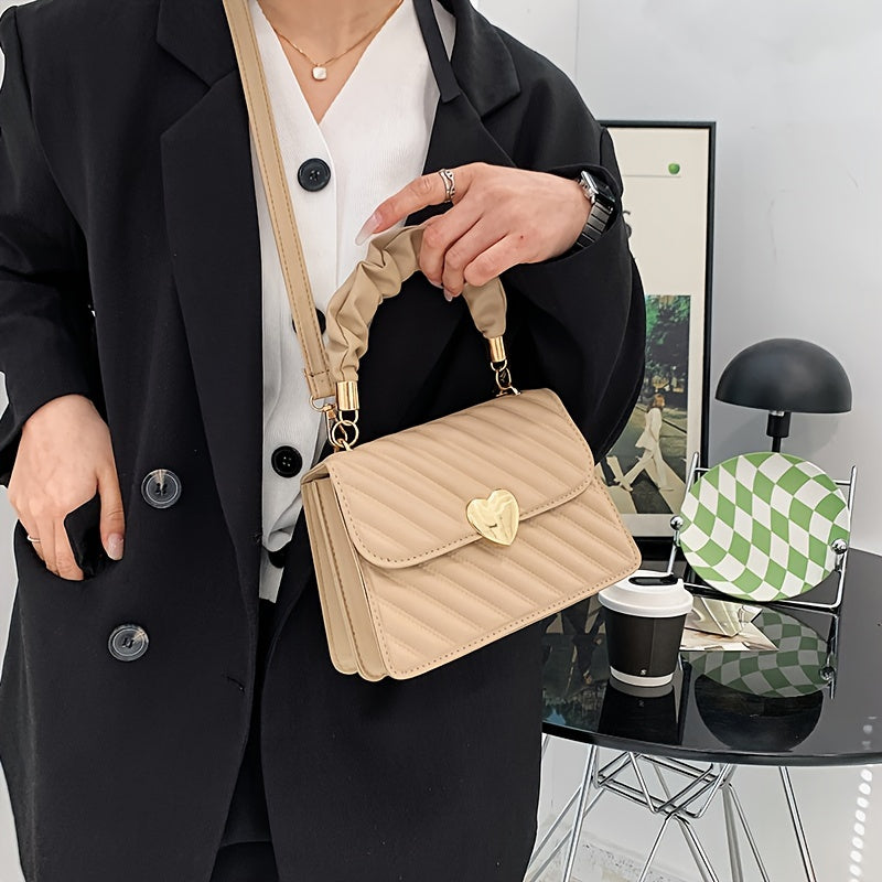 Women'S Fashion Shoulder Bag, Korean Version, Faux Leather, Quilted Solid Color, Heart Accent, Removable Strap, Magnetic Closure, Synthetic Faux Leather Lining, Painted Edges, Versatile Crossbody Purse - Available in Black, R