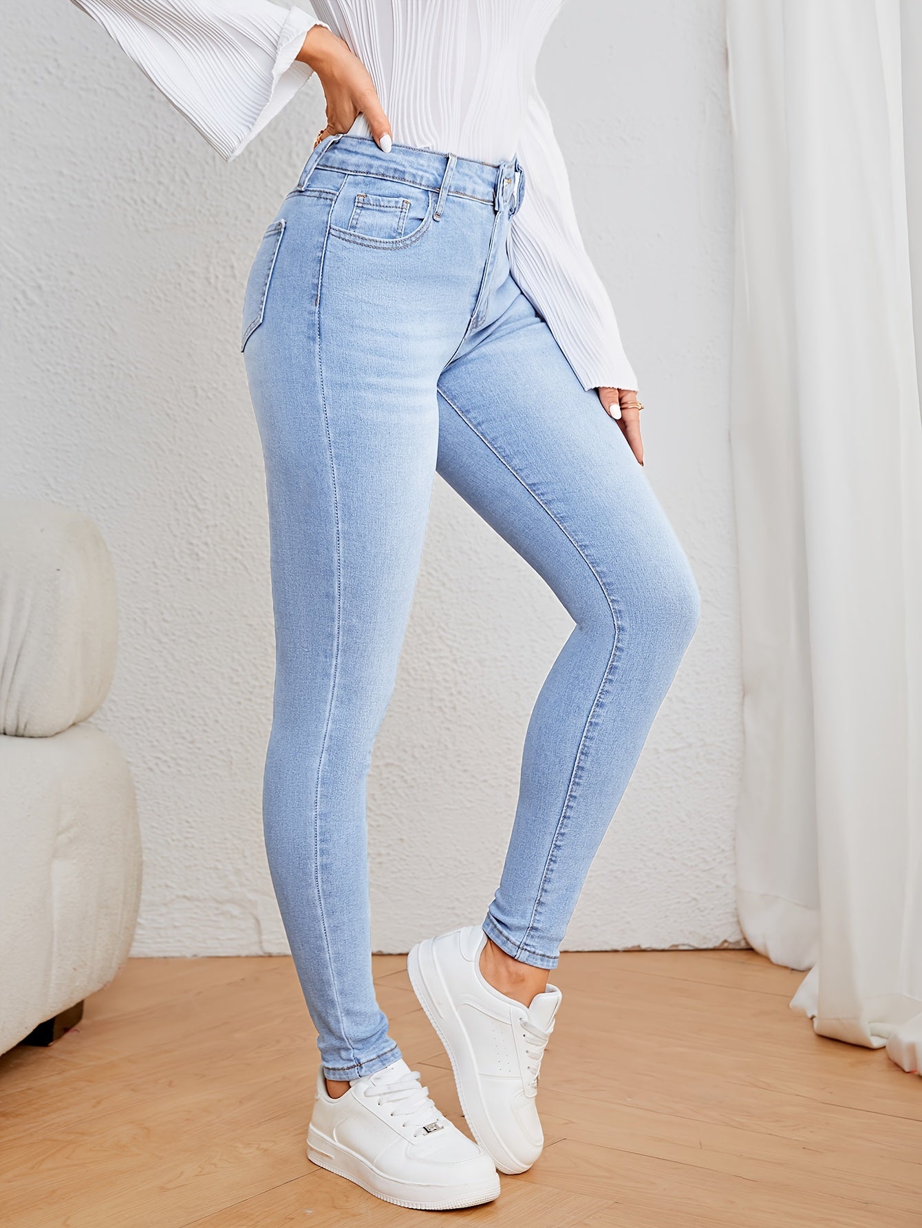 Women's Casual Plain Light Blue Skinny Jeans, Stretchy Denim Pants, Classic Design, High Waist Slim Fit For Everyday Fashion - Perfect For Fall & Winter