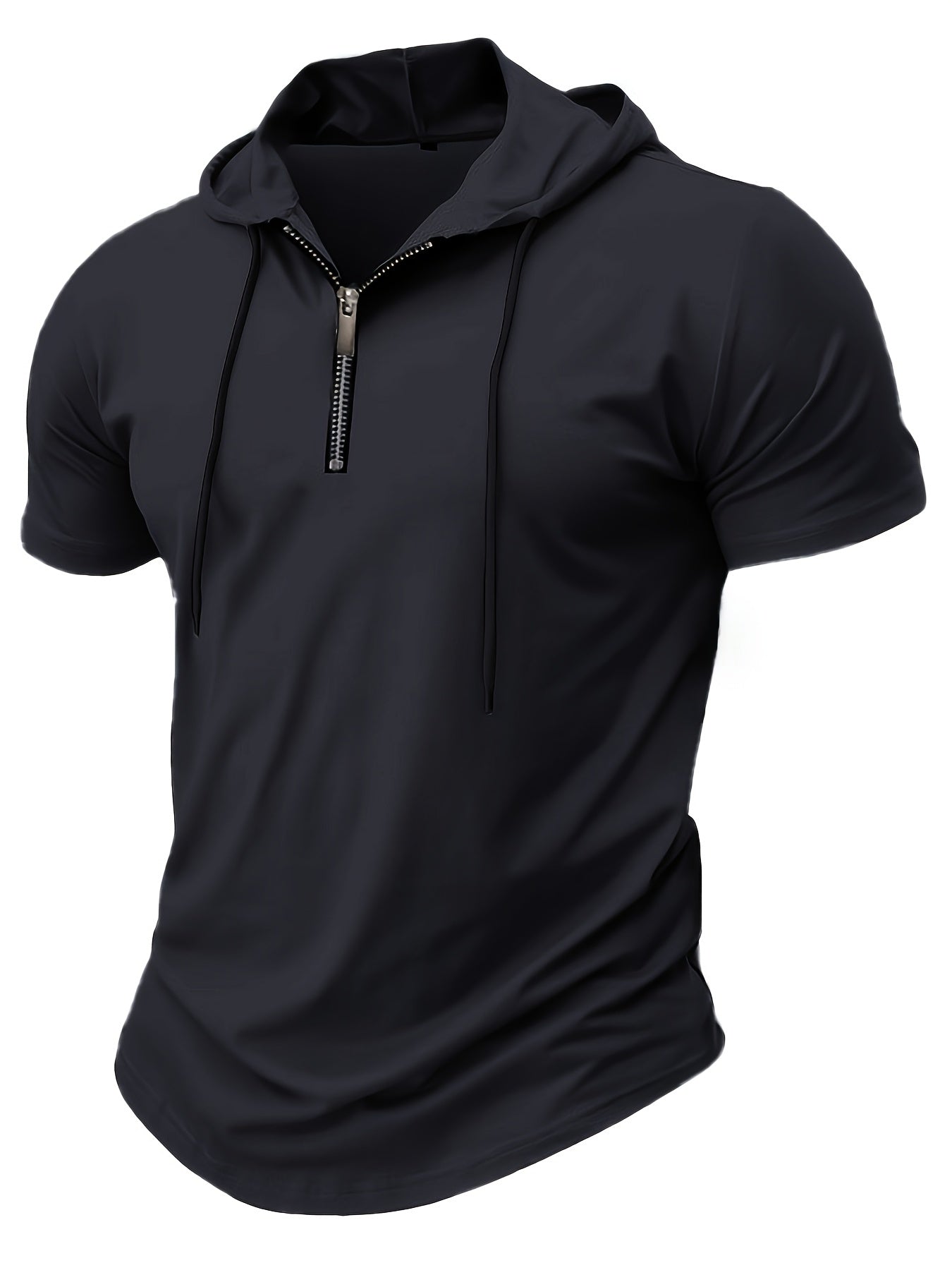 1pc Men's Light Blue Casual Hooded Short Sleeve T-Shirt with 1/4 Zipper, Breathable Stretch Fabric for Gym, Outdoor & Summer Wear, Gym Apparel, Stylish Contrast Detailing, Comfortable Fit