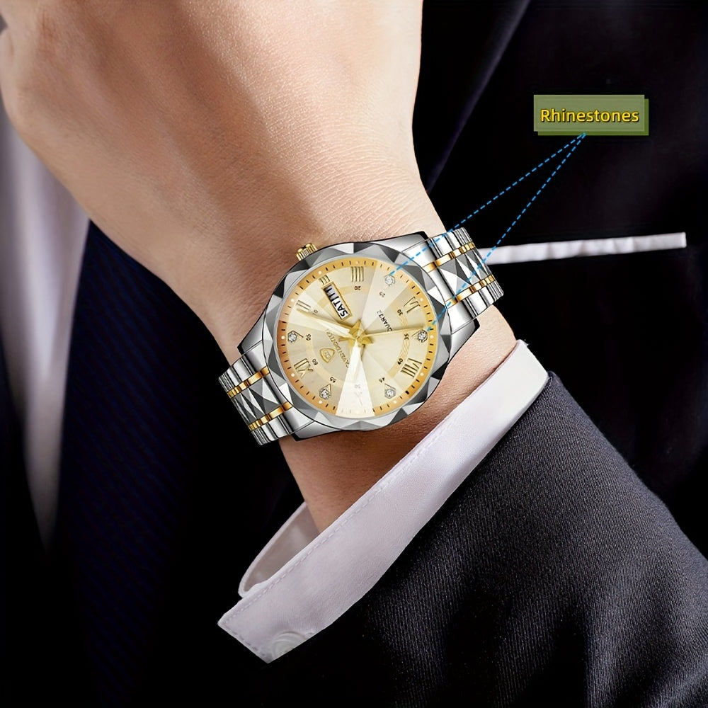 Men'S Quartz Business Watch with Rhinestone-Embellished Luminous Dial, Stainless Steel Strap & Case, Date & Day Display, IPX7 Water-Resistant - Ideal for Travel, Work, Outdoor - Perfect Gift for Birthdays, Holidays, Anniversa