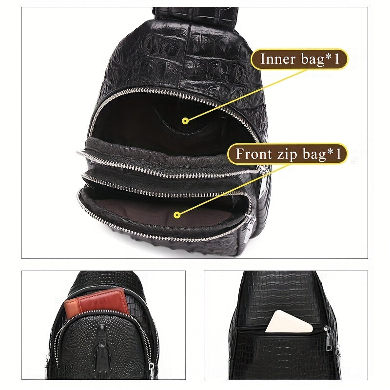 SCHLATUM Genuine Leather Crocodile Pattern Sling Bag - Black, Large-Capacity Multifunctional Crossbody Backpack for Travel, Sports & Camping, Stylish Zipper Closure Design