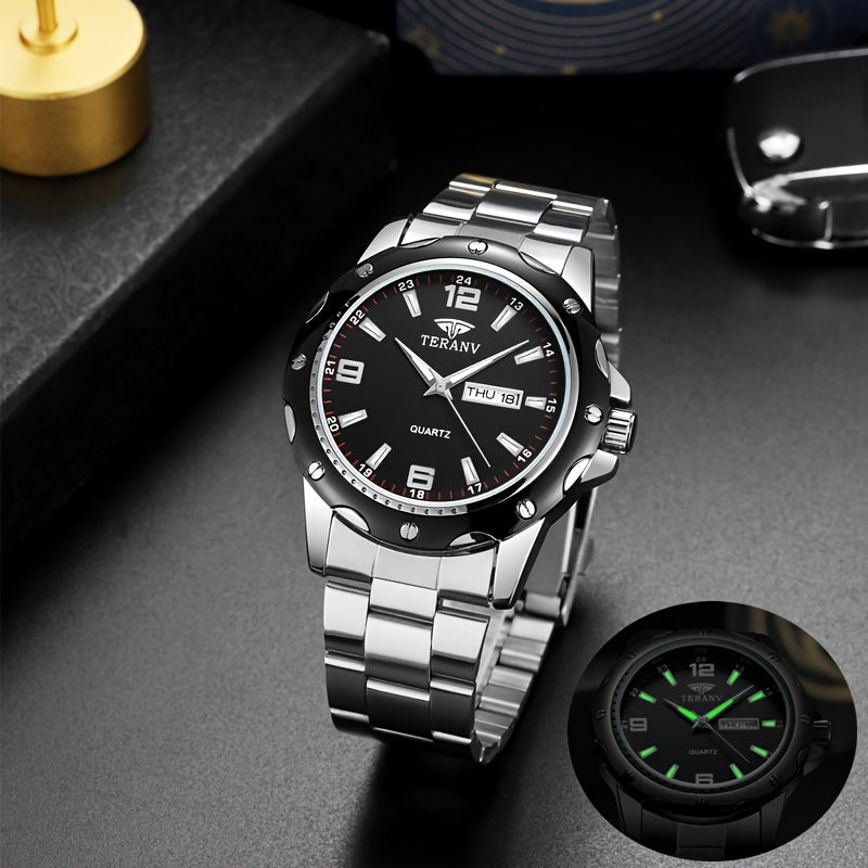 Elegant Men's Stainless Steel Quartz Watch - IPX7 High Quality, Luminous Hands, Date & Day Display, Business Casual Sporty Design for Everyday & Water Activities, Versatile Wristwatch, Sleek Strap Design, Glowing Markers