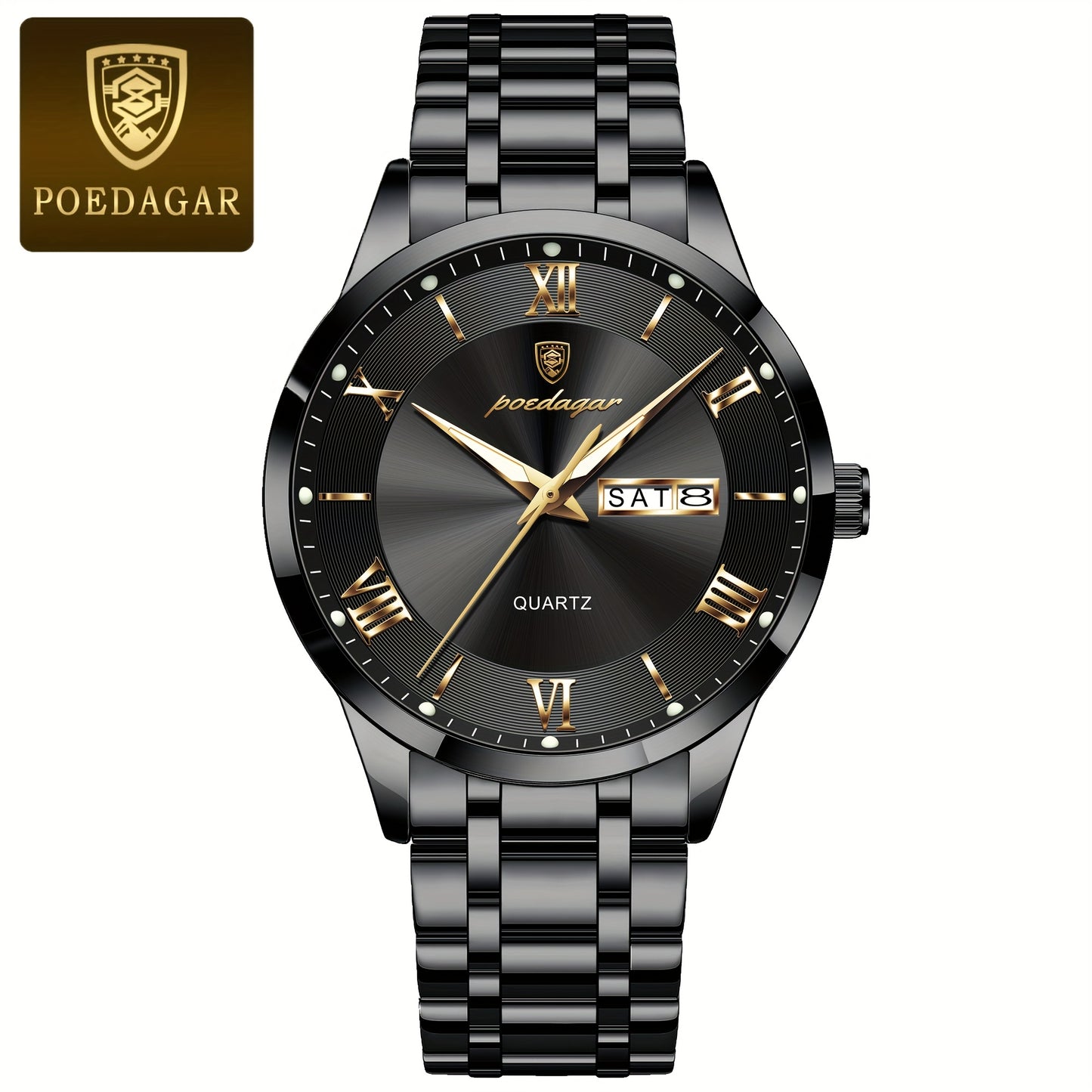POEDAGAR Men'S Quartz Watch, Sports Style, Waterproof 3ATM, Luminous Calendar, Stainless Steel Strap, Pointer Display, Alloy Case, Electronic Drive, Non-Rechargeable Button Battery, with Spring Festival and Football Holiday T