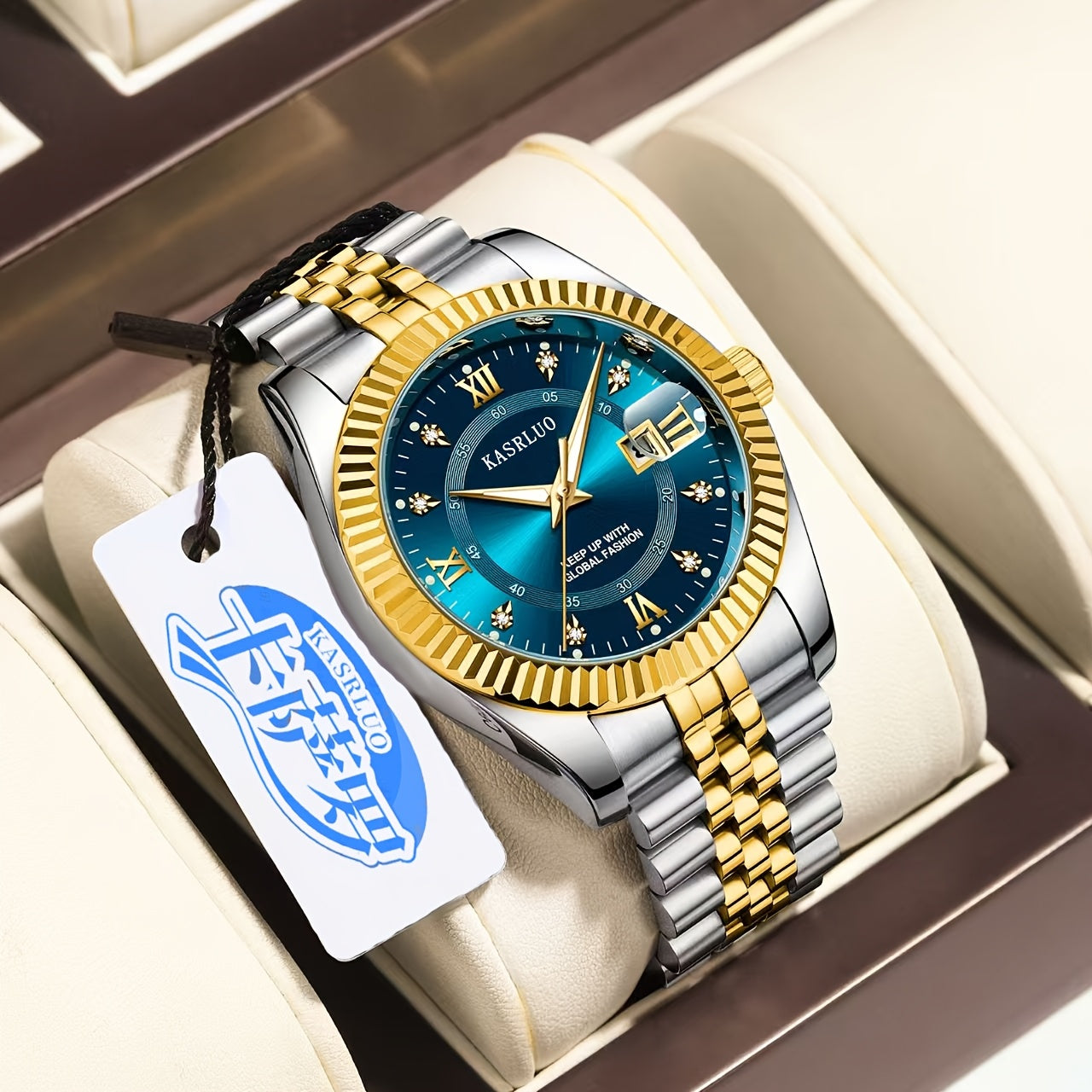 KASRLUO Elegant Men's Quartz Watch - Luminous Date Display, Golden-Tone Stainless Steel Band, Business Style with Rhinestone Detailing, Battery Operated
