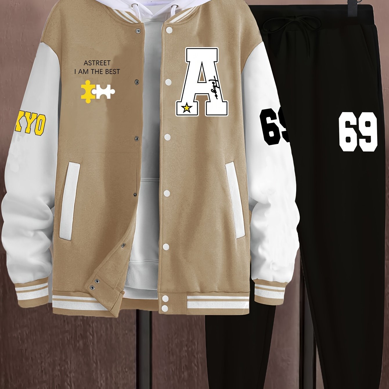 Athleisure Essential, Men's Casual 69pcs Set: Color Block Varsity Jacket & Joggers with A-69 Print - Polyester, Baseball Collar, Pockets - Perfect for Fall/Winter