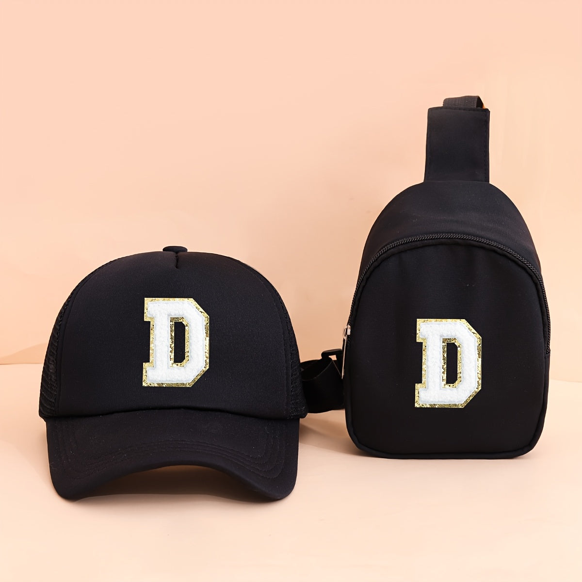 2pcs Kids' Printed Alphabet Pattern Set, Includes 1 Black Stylish Breathable Trucker Hat and 1 Black Crossbody Bag, Lightweight Sun Hat with Small Coin Purse, Suitable for Boys and Girls Aged 5-10 for Daily Outings and Back-t