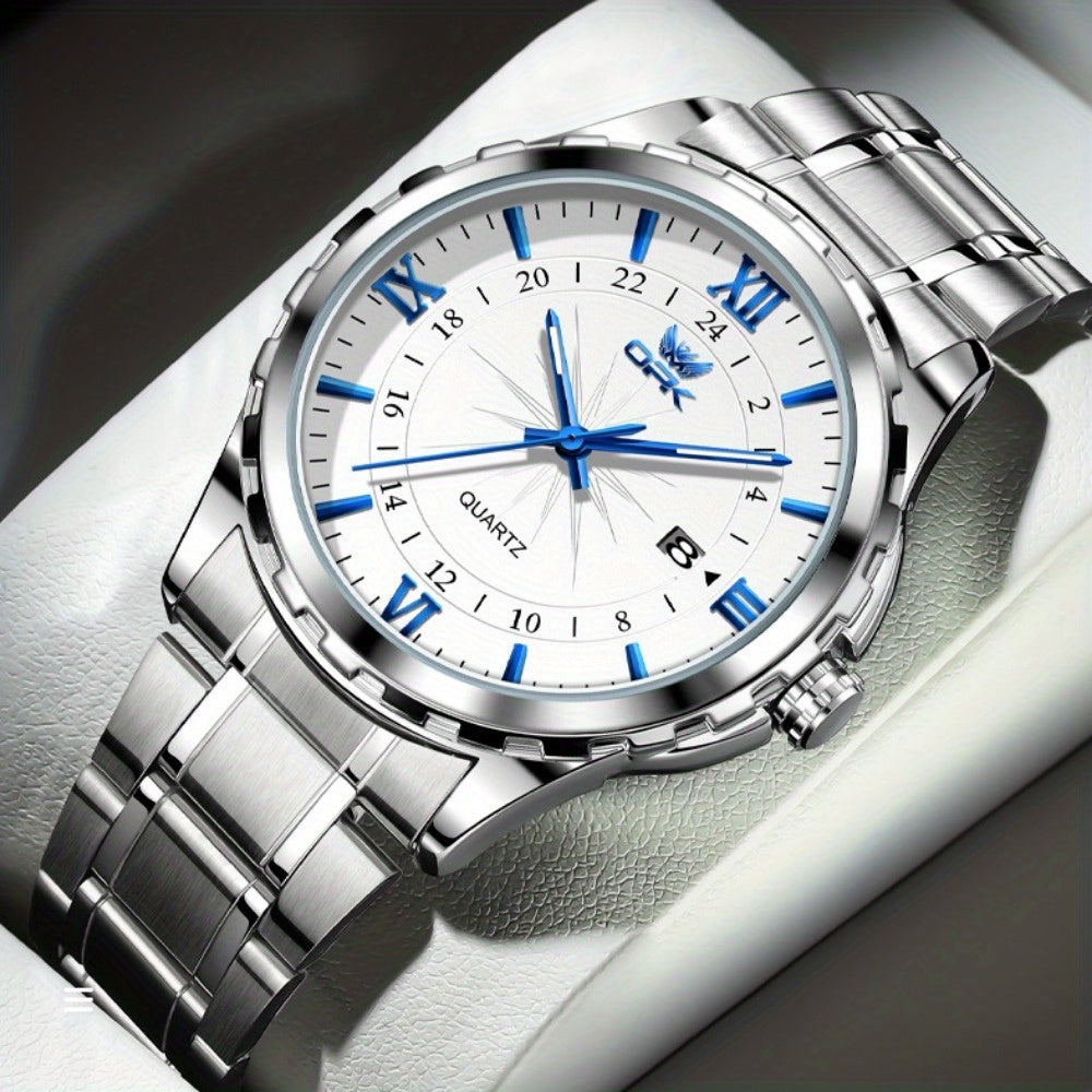 Elegant Luxury Men's Watch with Night Light, Roman Numerals & Date Display - Quartz Movement Stainless Steel Band for Business Casual & Formal Occasions
