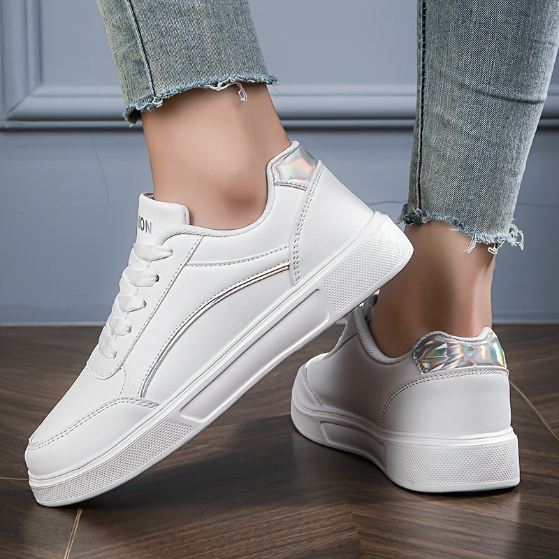 Youngsters' Fashion Sneakers - White PU Upper with Golden Accents, Comfortable & Lightweight Casual Running Shoes for Boys and Girls, All-Season Wear, Low-Top Lace-Up Design, Outdoor Youngsters's Footwear | Fabric Lined Inter
