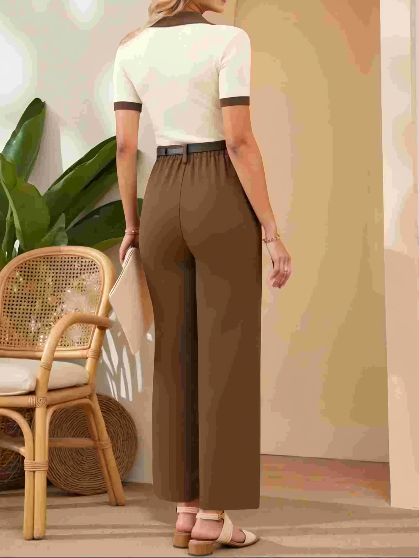 Elegant Women'S Polo Shirt and Wide-Leg Pants Set - Chic Solid Color, V-Neck Short Sleeve with Belt, Casual Spring/Summer Outfit, Polyester Blend, Button Details, Wide Leg Pants, Casual Attire|Vneck Top|Polyester Fabri