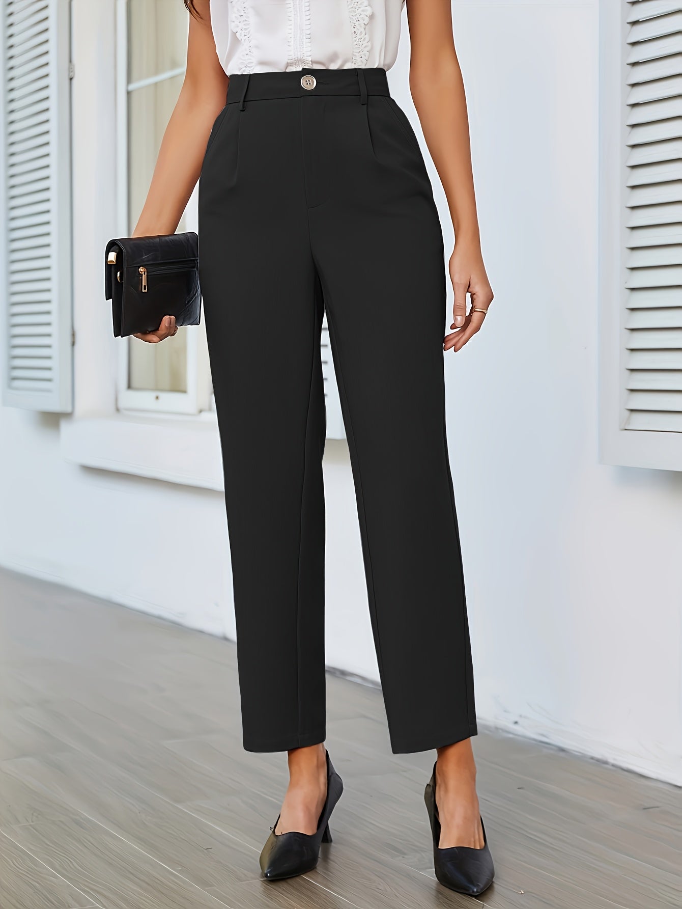 Solid Straight Leg Pants, Elegant Button Elastic Waist Slim Straight Leg Suit Pants For Spring & Summer, Women's Clothing
