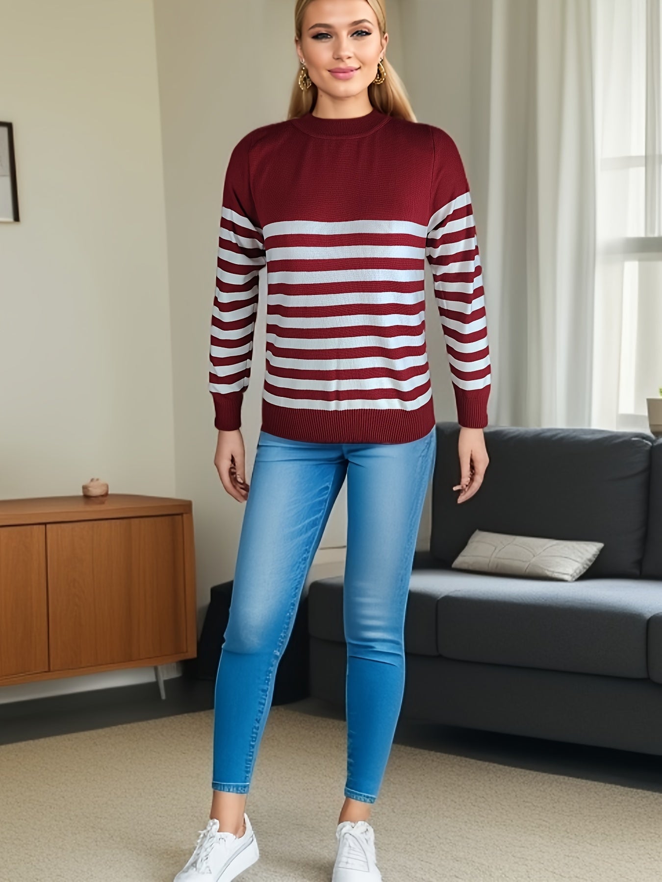 Striped Crew Neck Pullover Sweater, Casual Long Sleeve Versatile Sweater, Women's Clothing