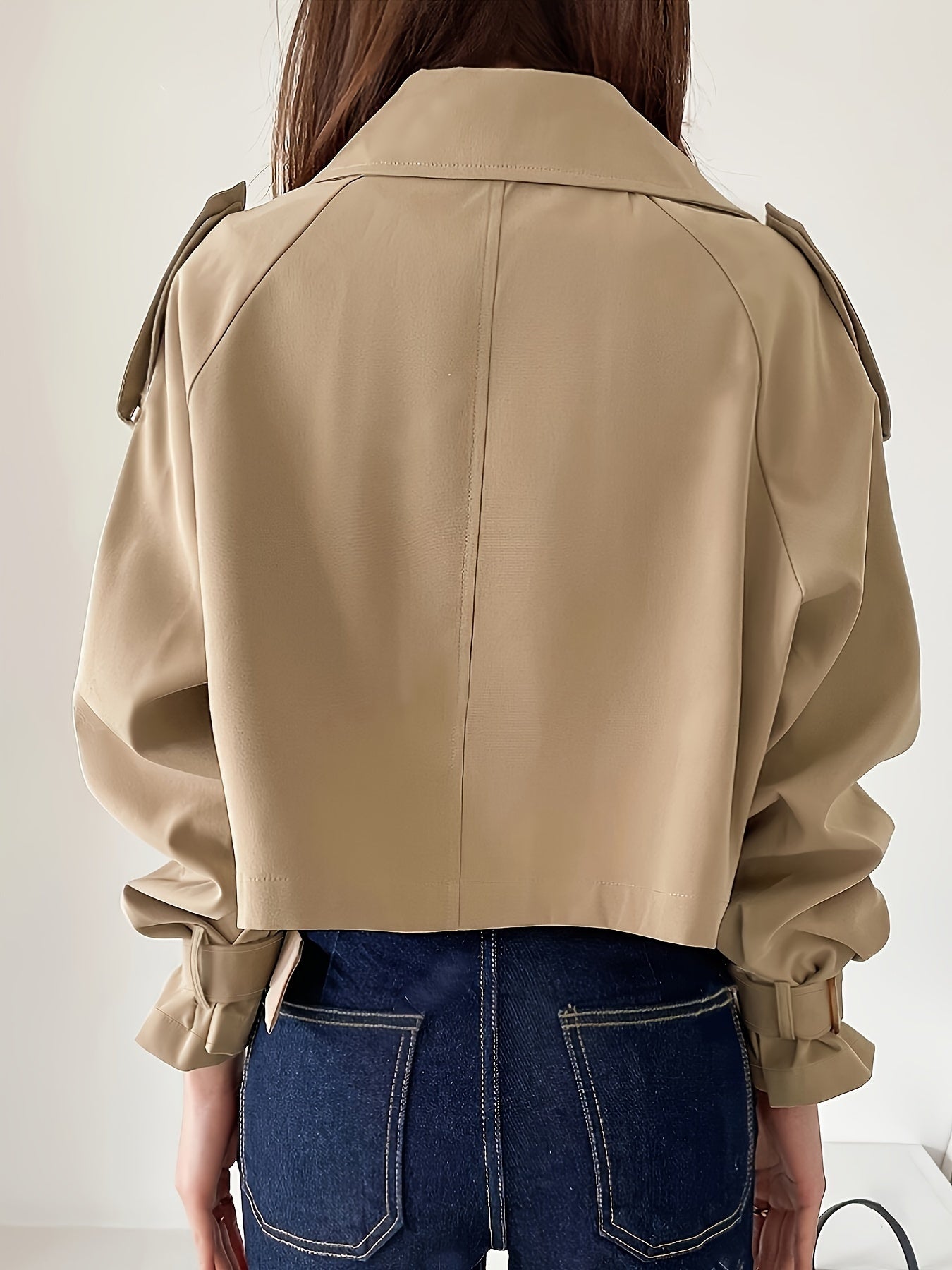 Buckle Cuff Lapel Neck Trench Coat, Stylish Solid Color Crop Long Sleeve Coat For Spring & Fall, Women's Clothing