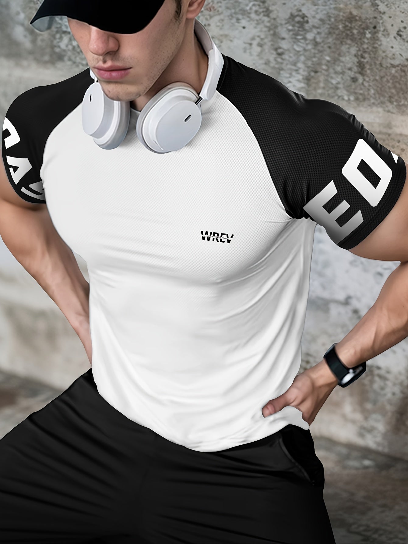 Men's Quick-Dry Breathable Mesh Sports T-Shirt - Summer Gym Workout Top with Contrast Black & White Sleeves & for Man Letter Print, Slim Fit for Running Training Casual Wear, Breathable Running Gear | Sporty Casual Tee | Mesh