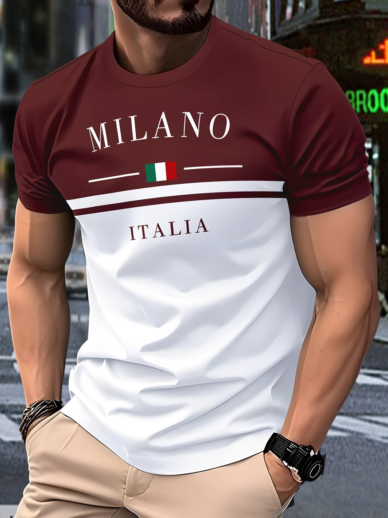 Men's casual short-sleeve round-neck striped polyester knit T-shirt, breathable, 110g/m², slightly stretchy, regular fit, smooth texture, suitable for summer weekend wear
