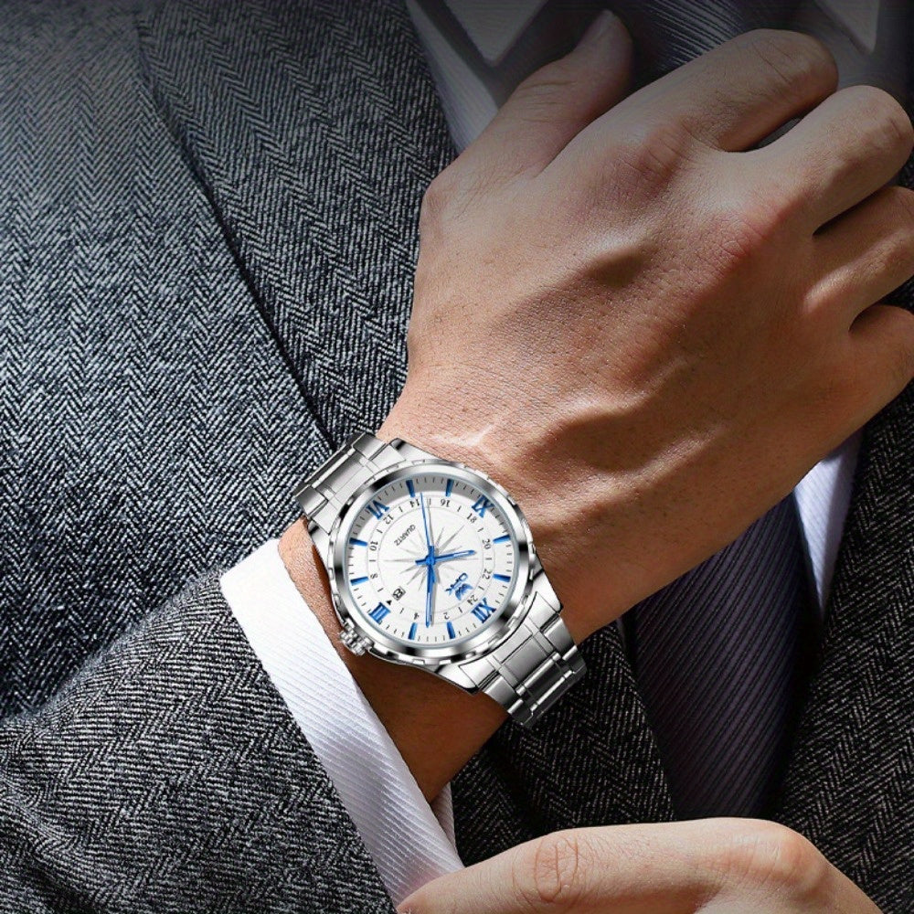 Elegant Luxury Men's Watch with Night Light, Roman Numerals & Date Display - Quartz Movement Stainless Steel Band for Business Casual & Formal Occasions