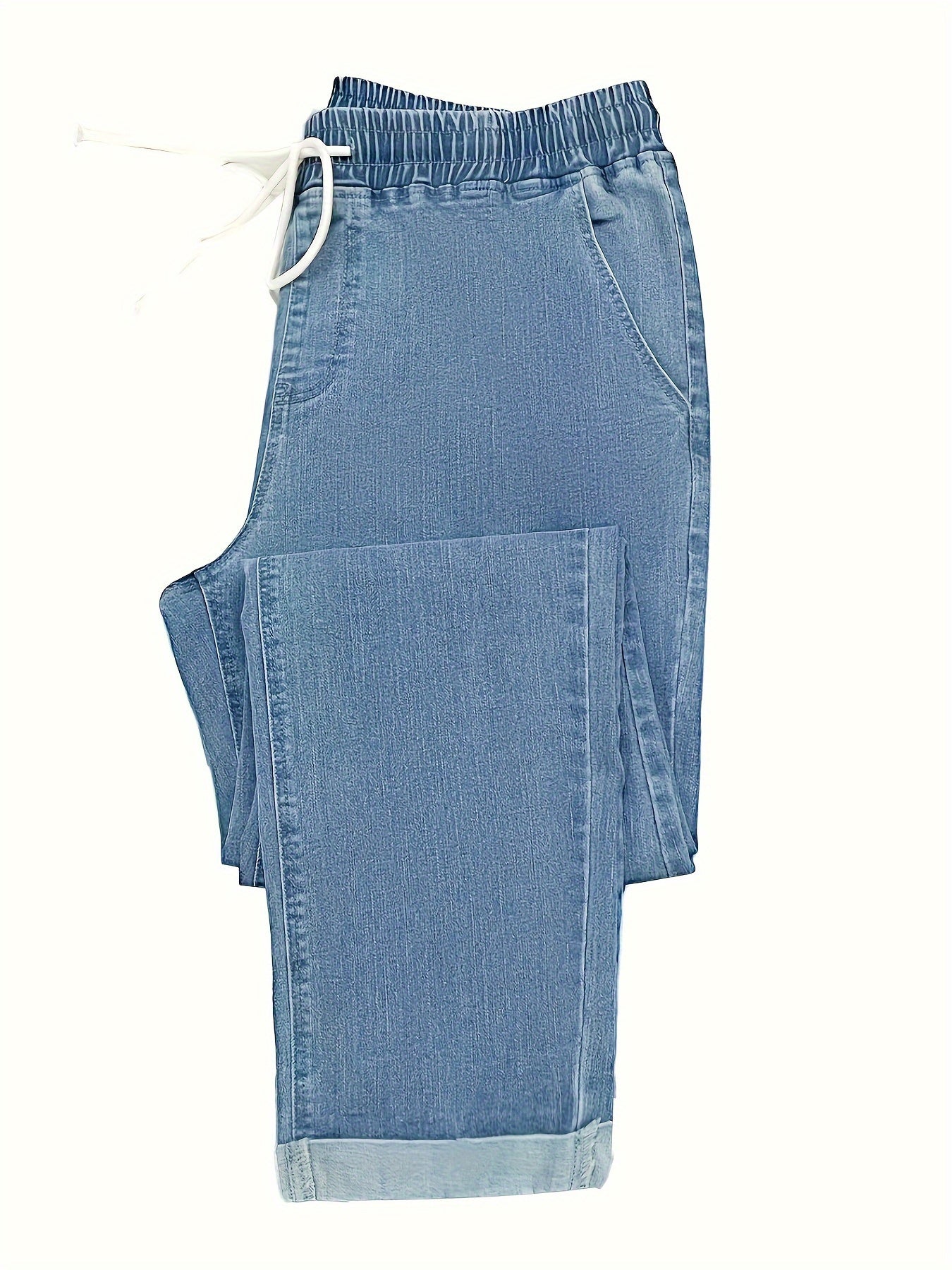 Women's Casual High-Waist Jeans with Cuffed Hem and Drawstring Waistband - Stretch Denim, Machine Washable