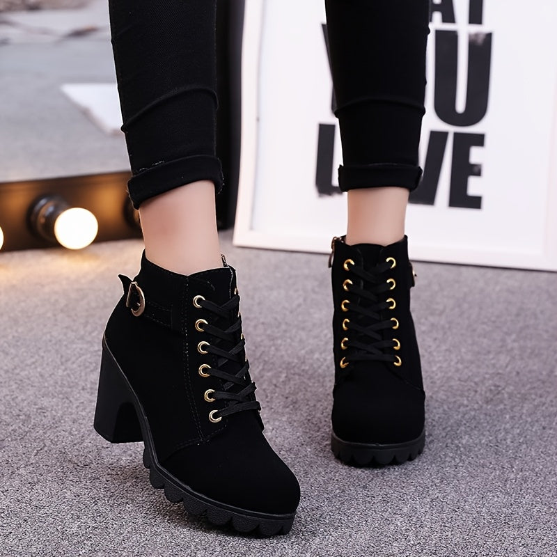 Women's Chunky platform heel Boots - Lace-up closure, Faux Cover Round-toe boots with, Thick Platform Sole for Dresses, Jeans, Party Outfits - All-Season Everyday & Formal Shoes, Stylish Outfit Additions, Side Zipper Detail,