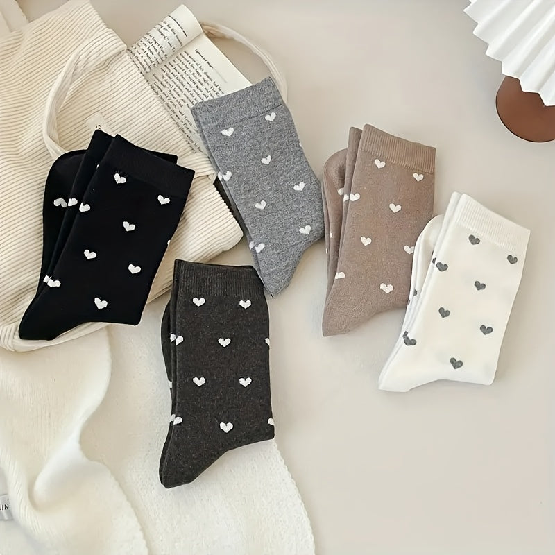 5 Pairs Women'S Heart Print Crew Socks, Polyester and Spandex Blend, Knit Fabric, Short Style, Casual Fashion, Non-Iron, Hand Wash - Black, White, Grey