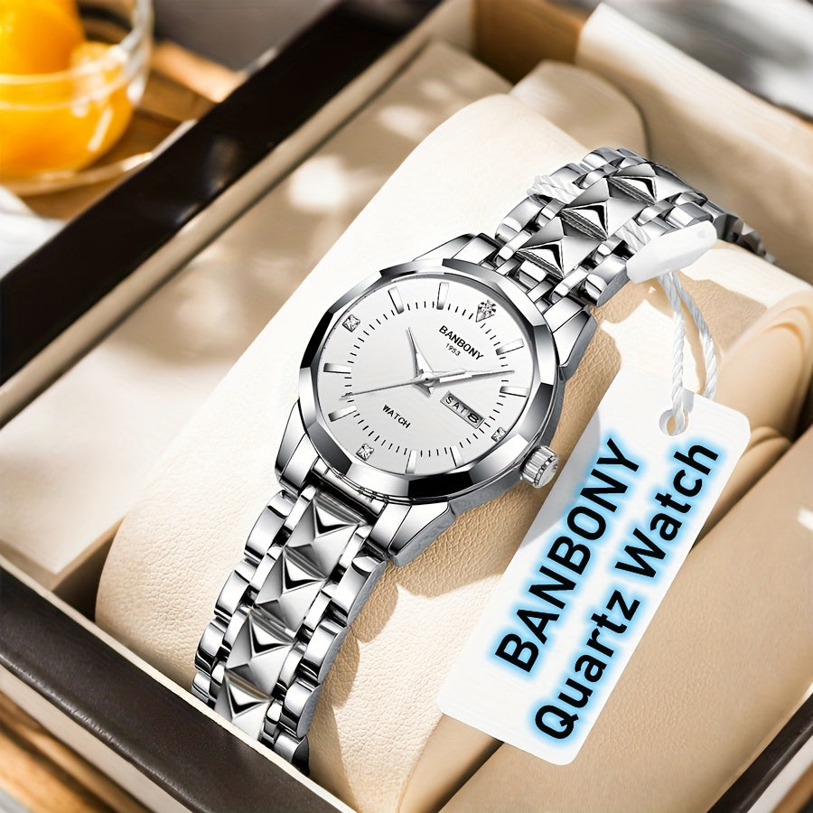 1pc BANBONY Women's Stainless Steel Quartz Watch with Rhinestone Accents, Scratch-Resistant Luminous Dial, IPX7 Waterproof, Week Calendar Display, Blue Dial & Golden-Tone Case - Luxury Casual Sports Watch for Birthdays, Holid