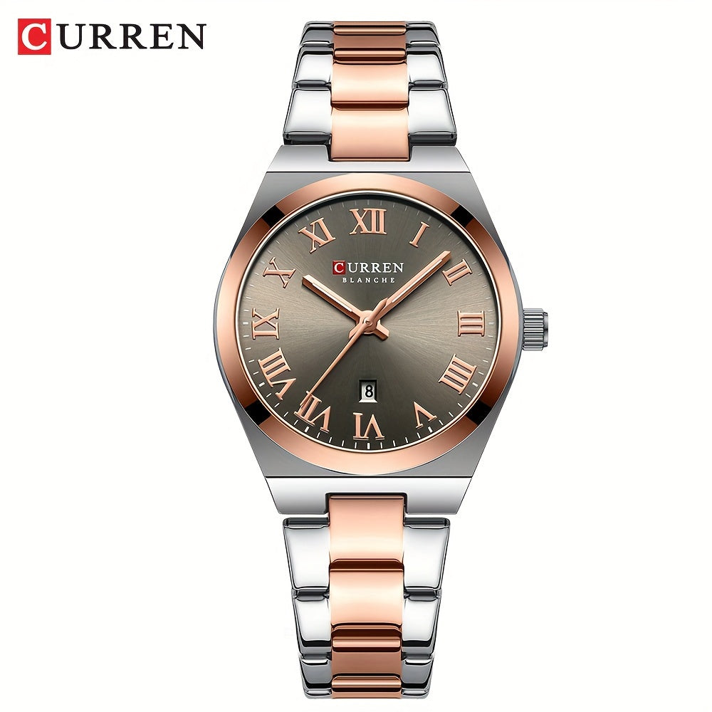 Fashionable Brand Of CURREN Ladies' Watches With A Casual And Simple Stainless Steel Strap, Featuring A Calendar And Quartz Movement.