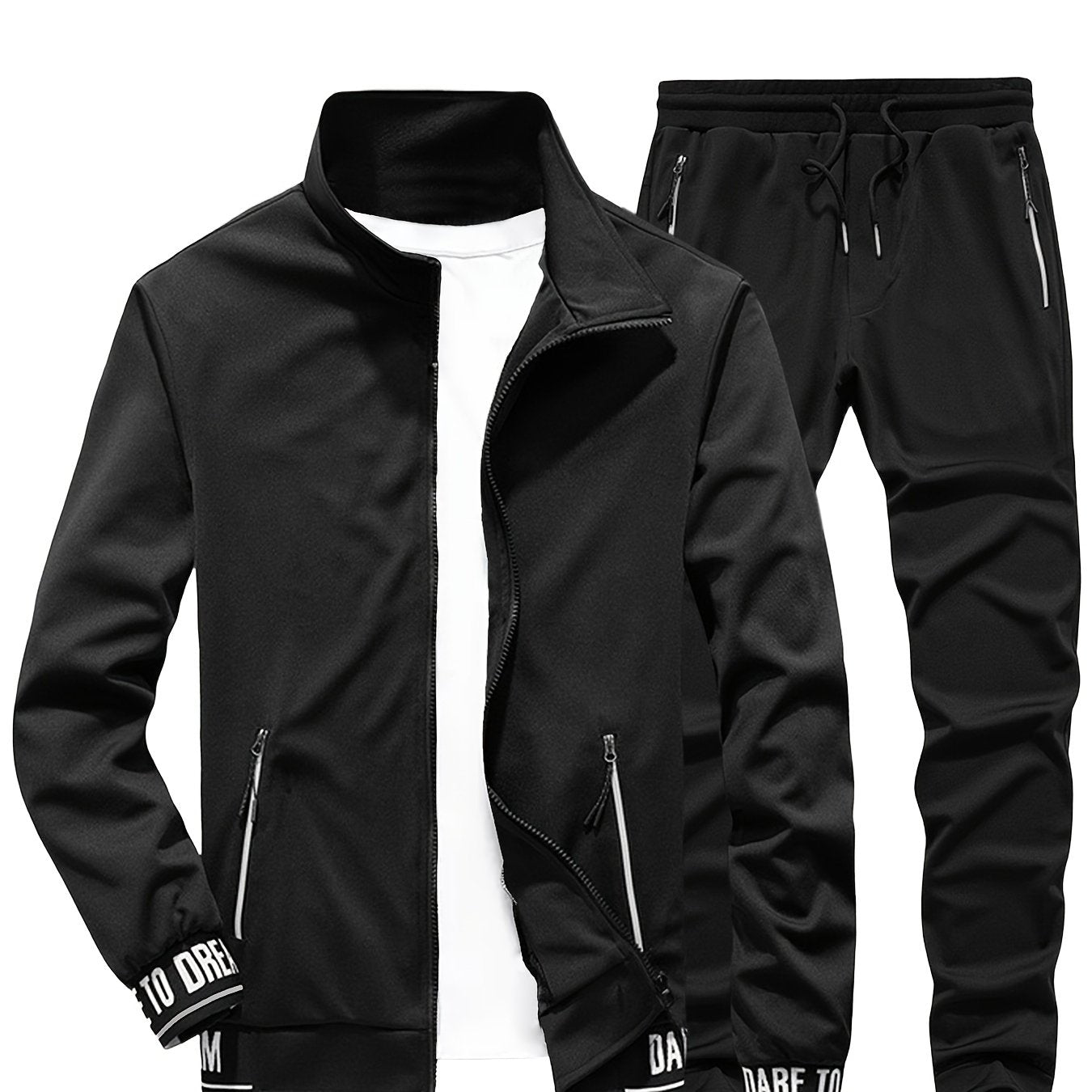 Men'S Casual Sportswear Set - Beige Zip-Up Jacket & Joggers with "DARE TO BE" Print, Long Sleeve, Pockets, and Drawstring Waist, Perfect for Running and Leisure Activities, Spring/Fall Collection, Spring Fall Attire | Zipup J