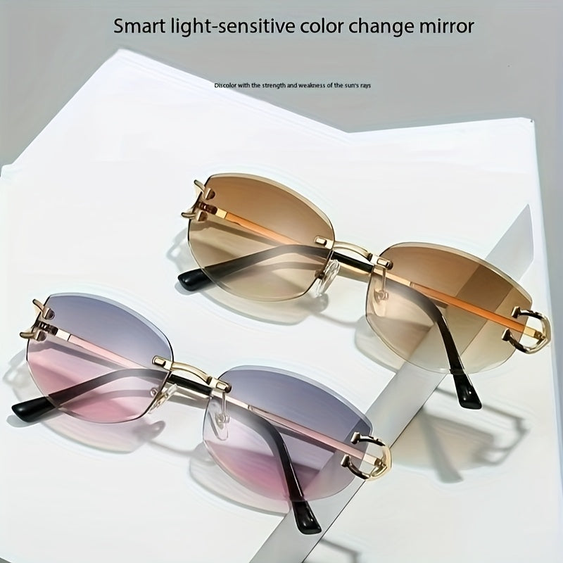 Photochromic frameless fashion glasses European and American fashionable for men and women using metal eyeglass hinges PC lenses ladies and gentlemen high-end personality glasses daily trendy versatile holiday party street ph