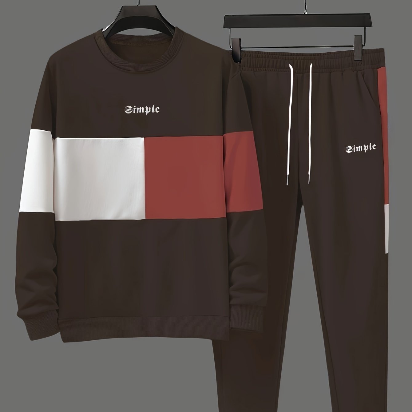 Men's Casual Crew Neck Sweatshirt & Joggers Set - Color Block, Polyester Blend, Machine Washable - Perfect for Spring/Fall, Leisure Style, Conventional Version, Spring/Autumn