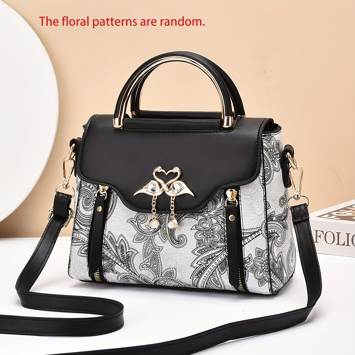 Elegant Floral Embroidered Handbag for Women - Adjustable Strap, Zipper Closure, Polyester Lining, Black & White Floral Pattern, Perfect Gift for Mom Or Family, Small Crossbody Purse, Stylish Accessory, Durable Construction