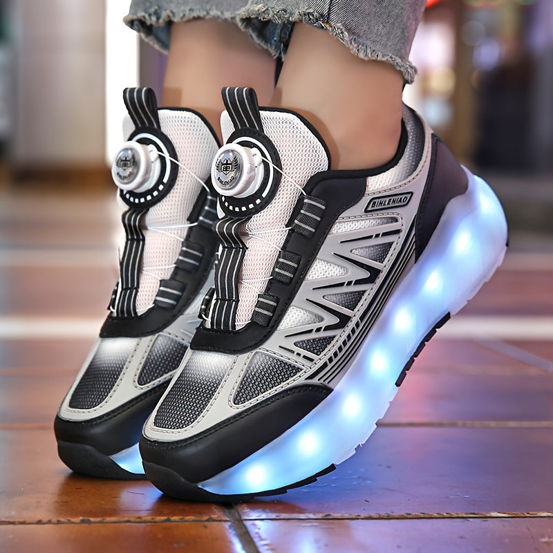Youth Skate Shoes with LED Lights, Four-Wheel Detachable, Street Fashion, Trendy Style, Random Pattern, All-Season, Sports and Outdoor Scene, Roller Skating, Rotary Buckle Closure, Breathable and Adjustable Brightness, Upper,