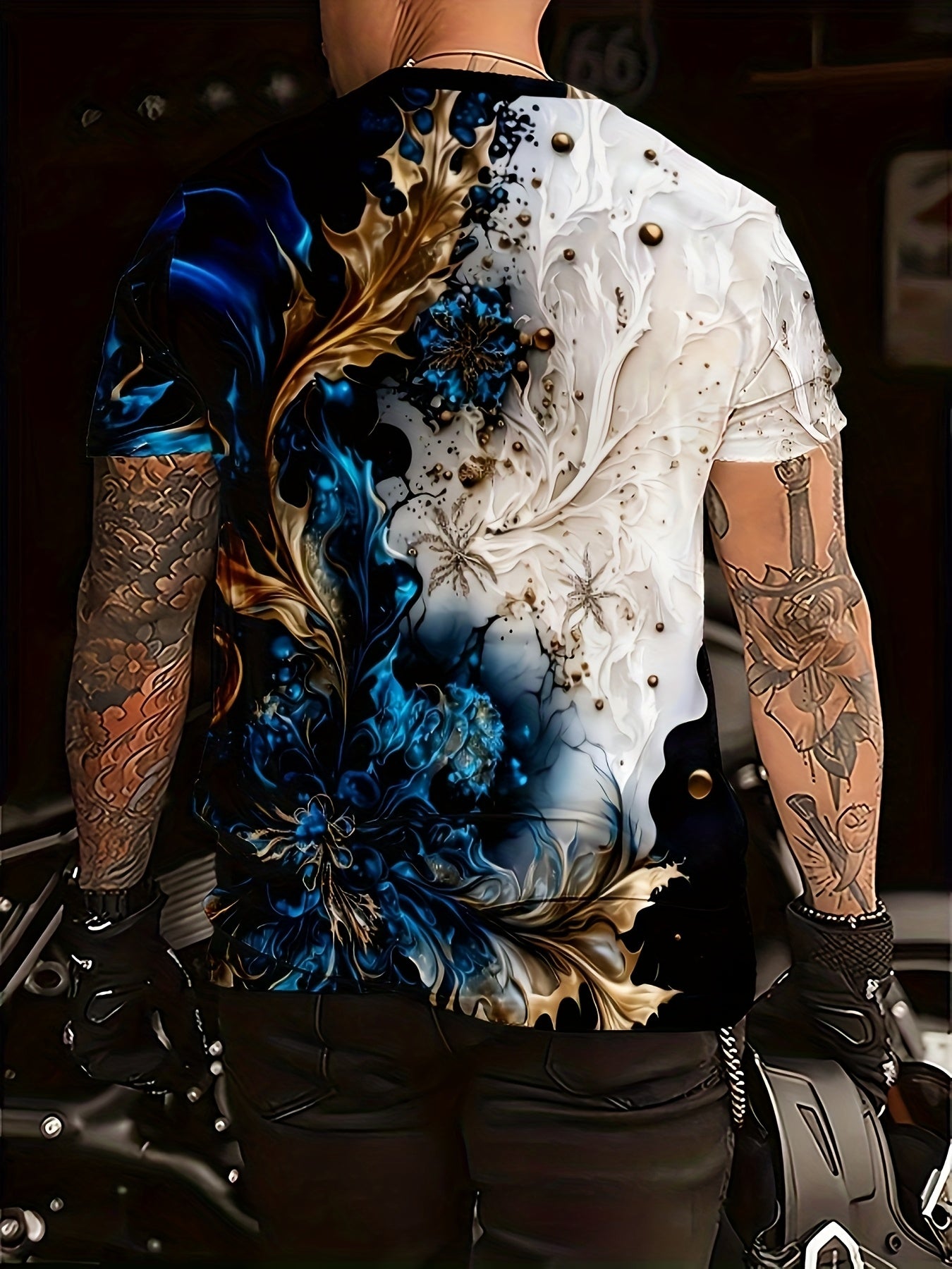 Men's Casual Short Sleeve T-Shirt with Dual-Sided Digital Print - White & Blue/Golden Floral Design, Breathable Round Neck Tee, Machine Washable Regular Fit for Casual Attire, Streetwear Style, Bold Pattern, Lightweight Tee,