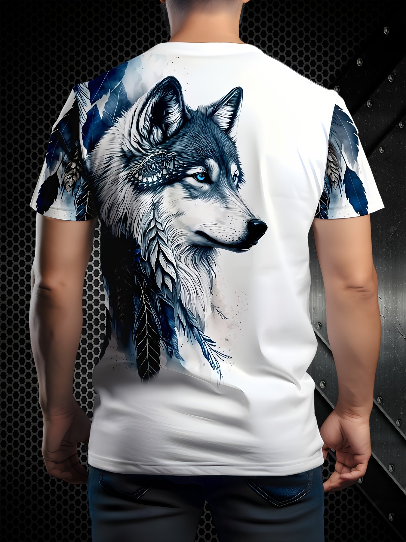 Men's Casual Breathable T-Shirt - White Round Neck Regular Fit, Machine Washable & Durable Digital Print for Outdoor & Casual Attire, Naturethemed Apparel, Wolf Graphic Tee, Comfortable Fabric