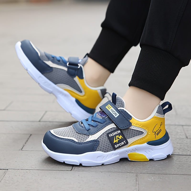 Kids' Low-Top Outdoor Sports Shoes with Closure - Breathable Mesh & Upper, EVA Cushioned Sole for Hiking Running Basketball - Grey/Yellow/Blue Colorway, All-Season Boys & Girls Sneakers, Kids Hiking Gear, Durable Kids Footwea