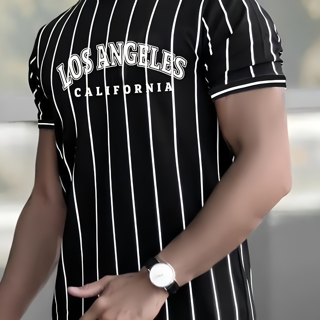 Men's Los Angeles California Graphic T-Shirt - Black & White Striped Casual Streetwear Tee, Breathable Summer Crew Neck Short Sleeve Top, Regular Fit, Everyday Streetwear | Smooth Texture Fabric
