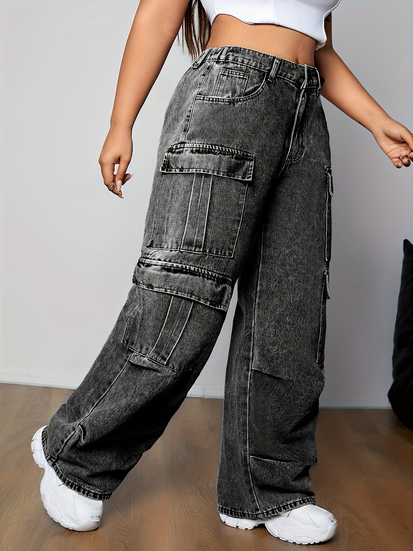 Women's Plus Size Casual Cargo Jeans with Multiple Pockets - High-Rise, Loose Fit Denim in Black, Light Blue & White, Perfect for Casual Attire, Casual Denim Wear | Utility Style Pants | Smooth Texture Jeans