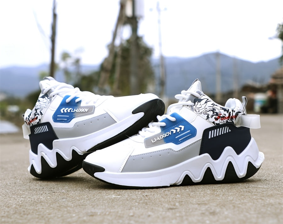 Men's High-Top Basketball Sneakers, Preppy Street Style, Solid Color with Cartoon & Stripes, All-Season Lace-Up Sports Shoes, Faux Upper, Fabric Inner, Rubber Sole, for Running, Hiking & Casual Wear, Outdoor Activities Shoes