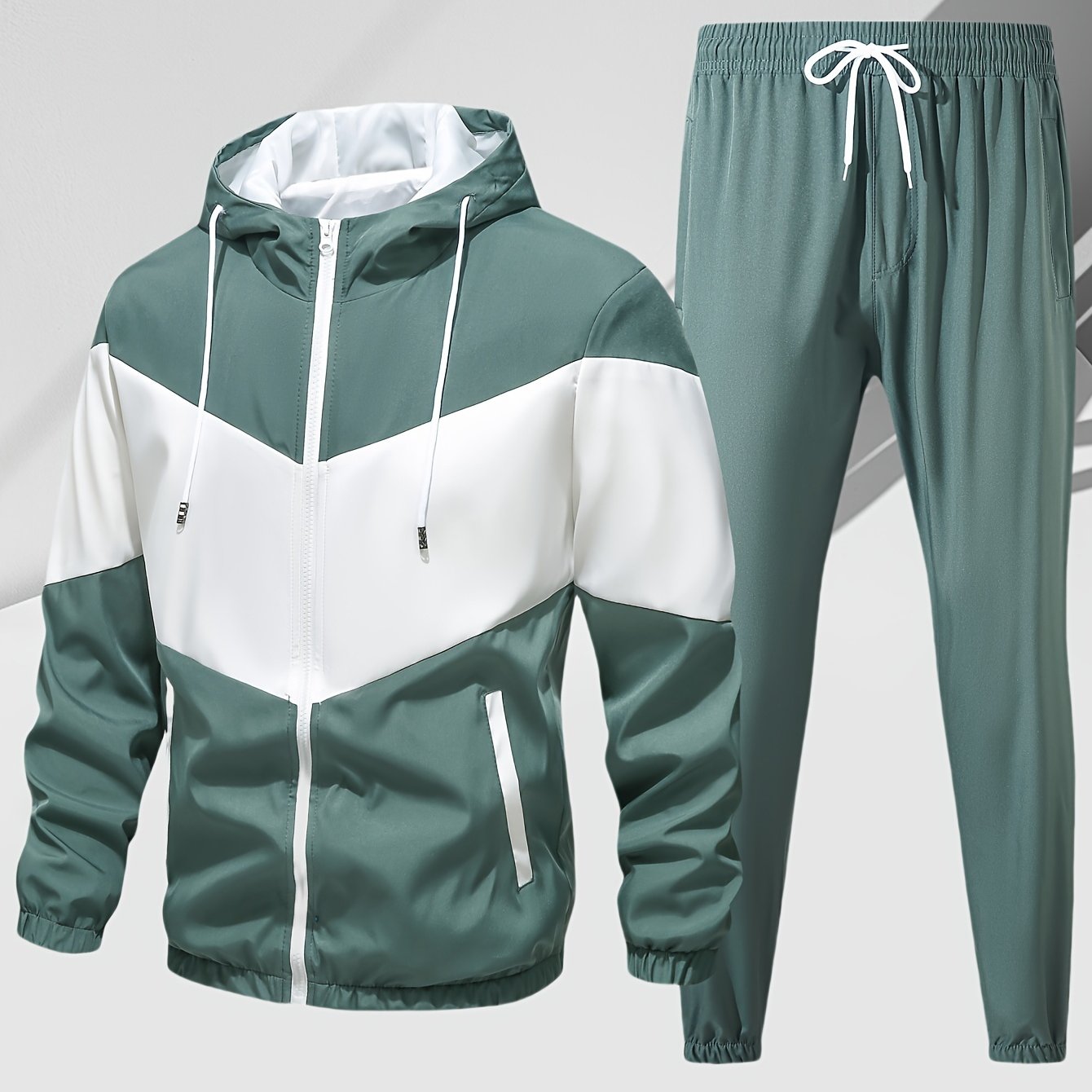 Men's Casual 2-Piece Outfit, Stylish Color Block Zip Up Hooded Jacket, Breathable Solid Color Drawstring Pants