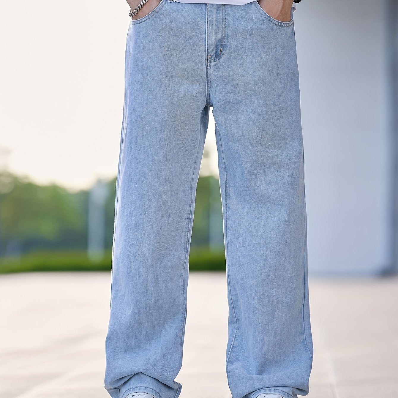 1pc Men'S Casual Washed Denim Jeans, Loose Fit Straight Leg, Solid Color, Non-Stretch Fabric, All-Season Woven Pants - Regular Length