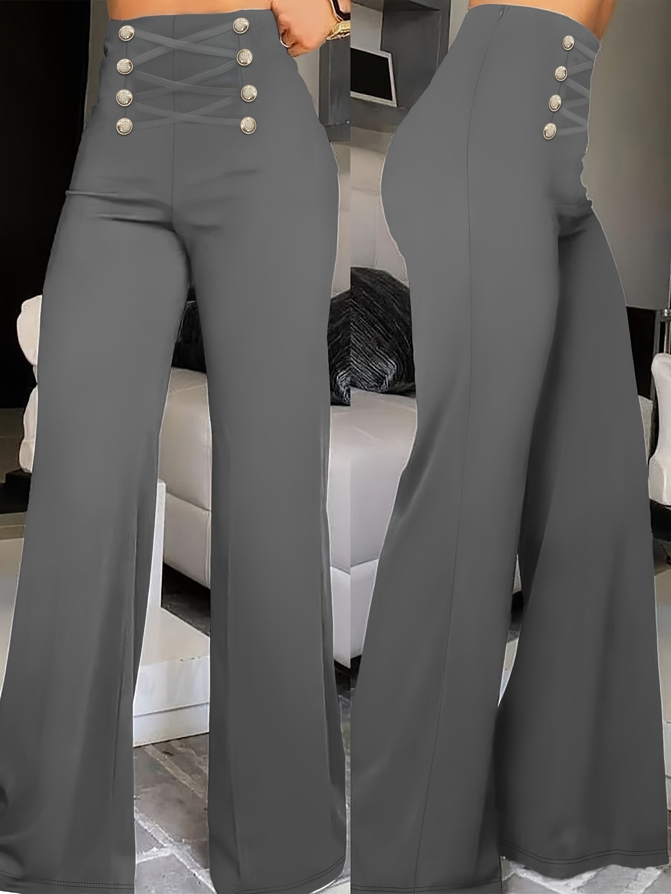 Elegant Double-Breasted Waistband Casual Pants, Solid Color, Polyester, Machine Washable - All Seasons, Queen Style, High-Grade Design