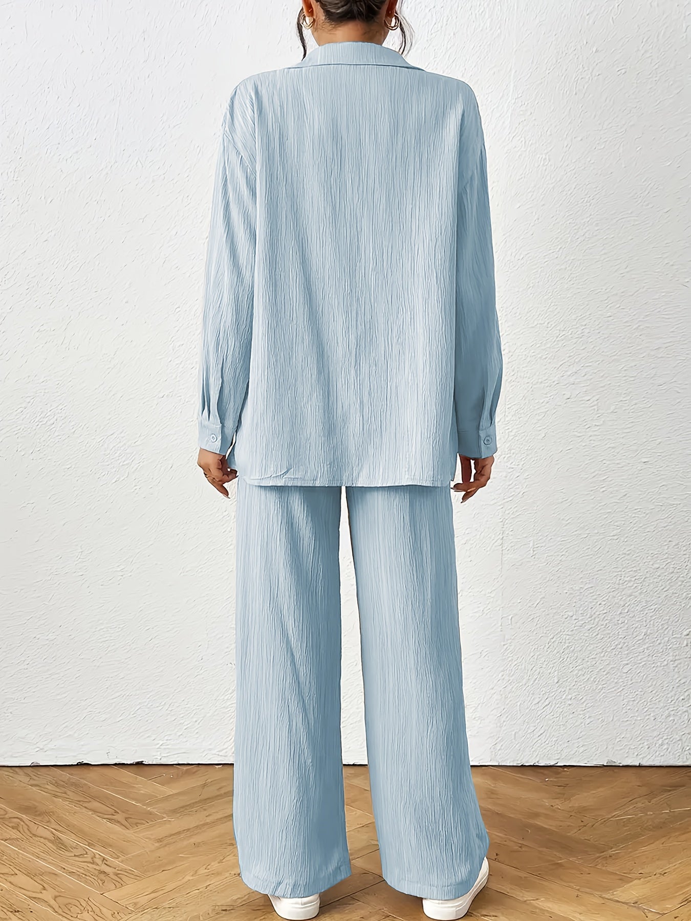Women'S Casual Solid Color Long Sleeve Shirt + Long Pants 2pcs Set for Spring And Autumn.