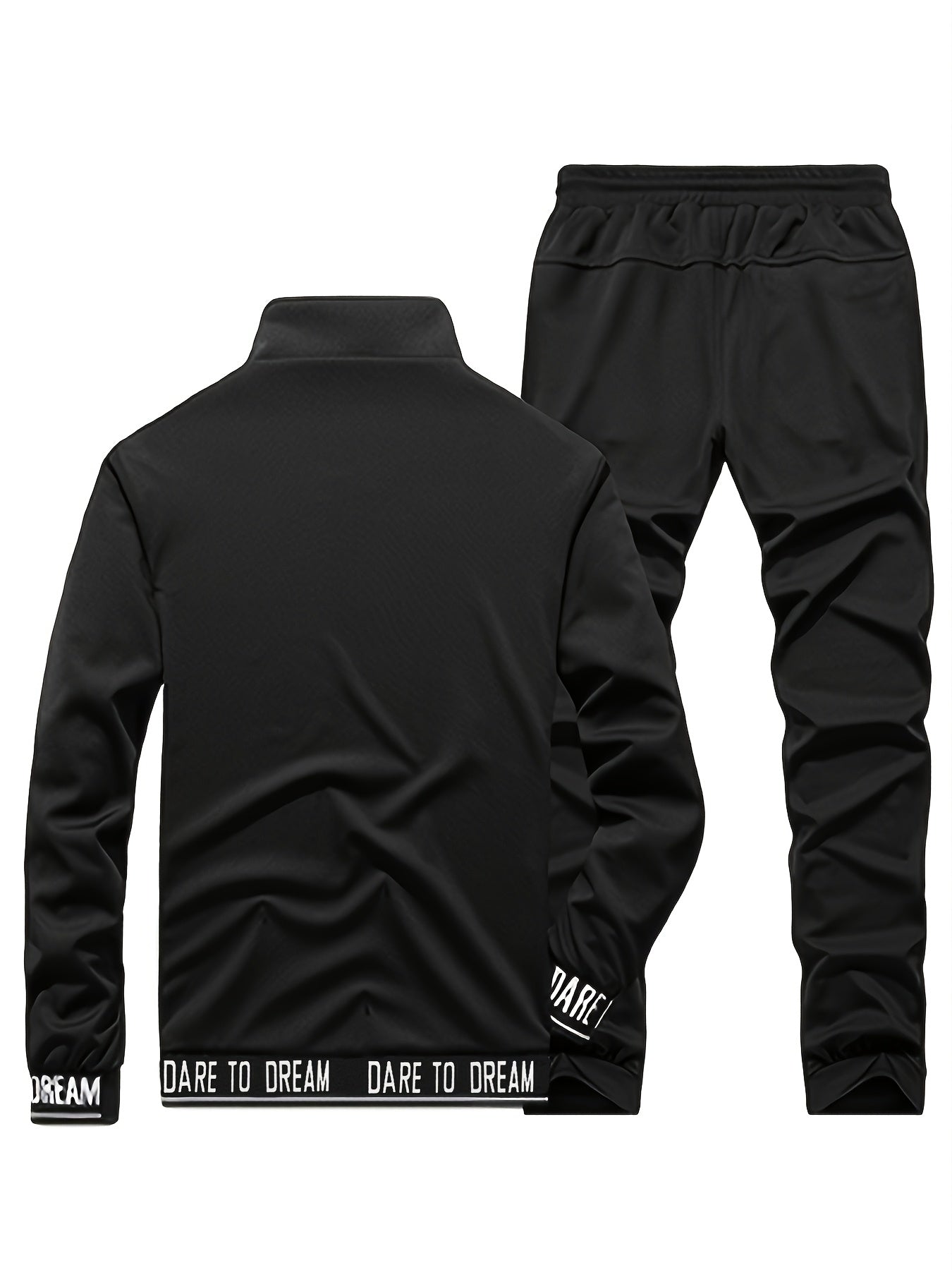 Men'S Casual Sportswear Set - Beige Zip-Up Jacket & Joggers with "DARE TO BE" Print, Long Sleeve, Pockets, and Drawstring Waist, Perfect for Running and Leisure Activities, Spring/Fall Collection, Spring Fall Attire | Zipup J