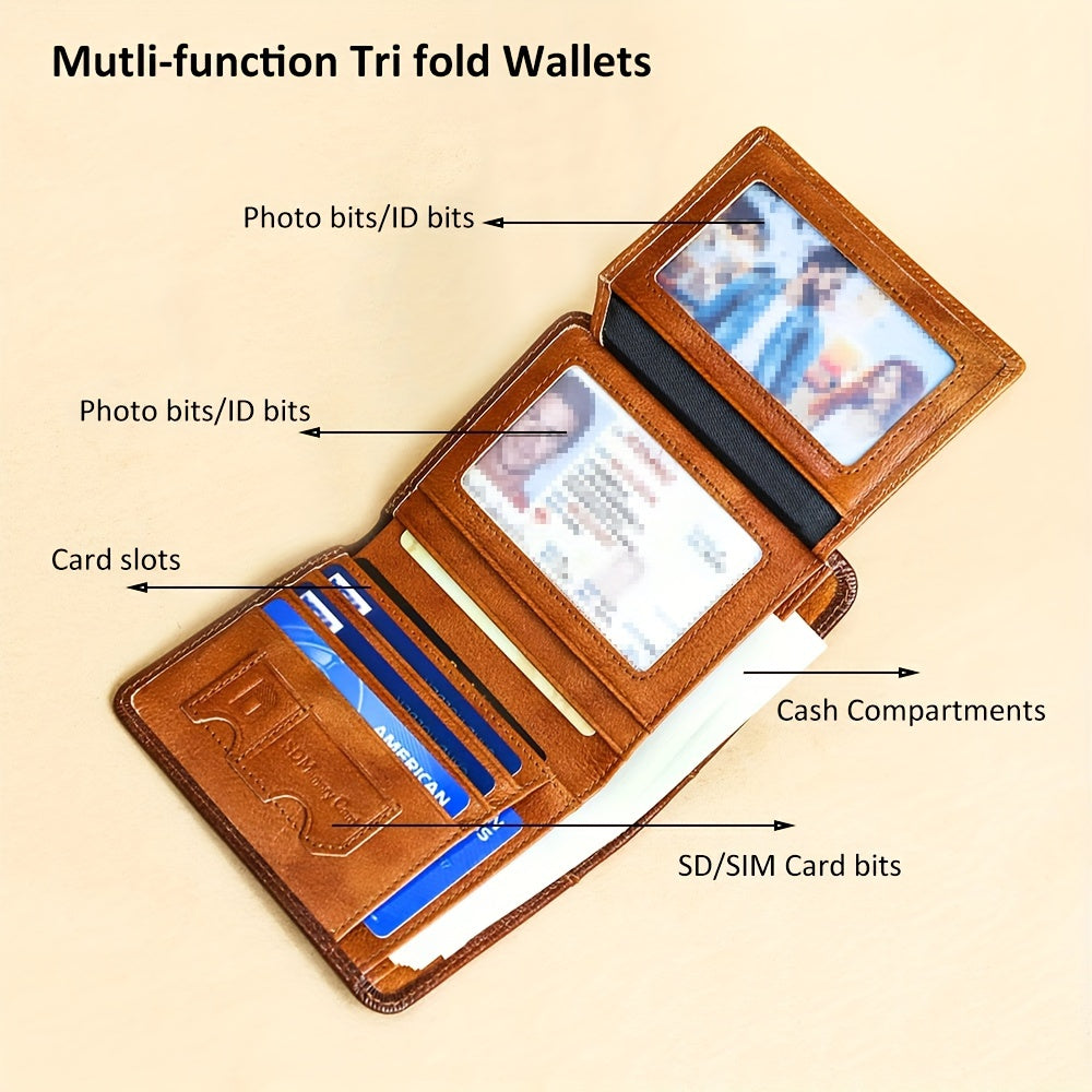 1 հատ CIEPHIA Vintage բնական կաշվից RFID արգելափակող դրամապանակ տղամարդկանց համար՝ բարակ, բազմաֆունկցիոնալ նույնականացման և կրեդիտ քարտի կրիչ, դաջված տարբերանշանով շագանակագույն, Իդեալական նվեր Սուրբ Վալենտինի օրվա համար