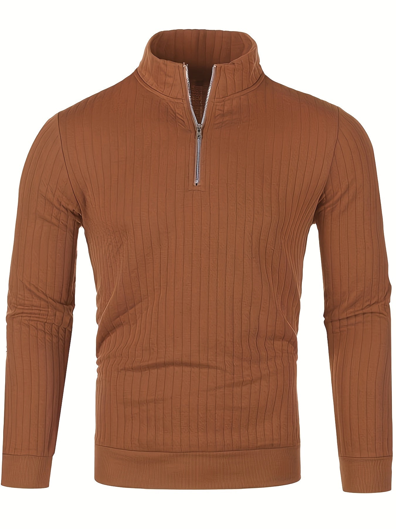 Men'S Casual Polyester Sweater, Solid Color, High Neck Quarter Zip, Long-Sleeved Pullover, Regular Fit, 100% Polyester Knit Fabric, 230g/m² - Fall/Winter Essential